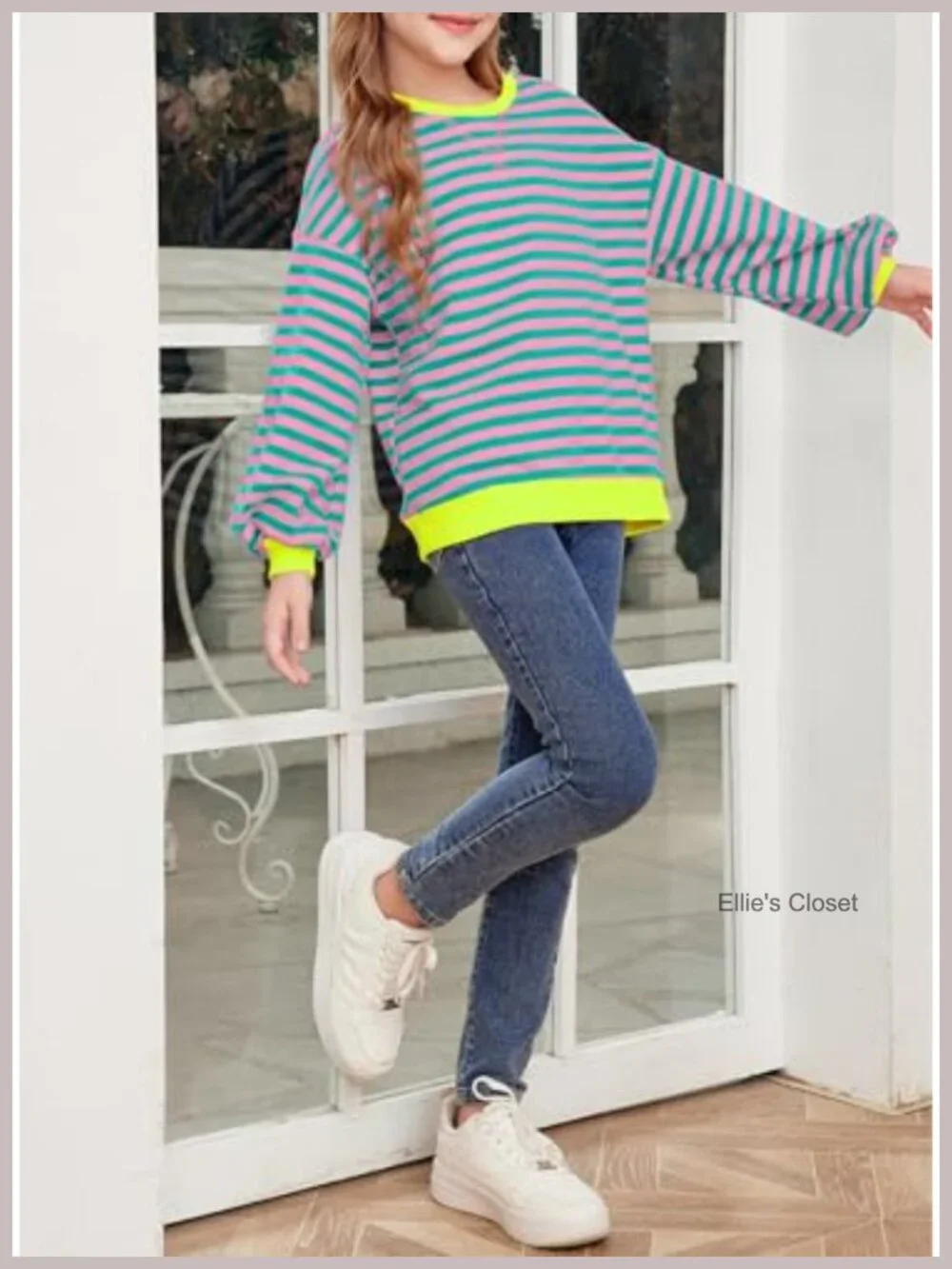 Girls Long Sleeve Striped Color Block Crewneck Sweatshirt Pullover Cotton Tunic